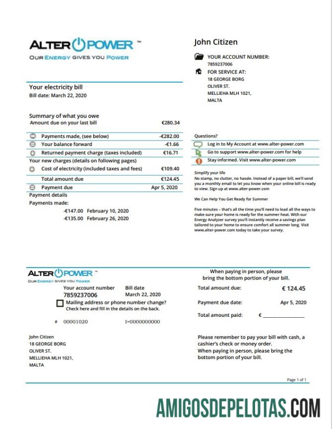Em branco modelo de comprovante de endereço de Malta AlterPower Malta em formato Word e PDF
